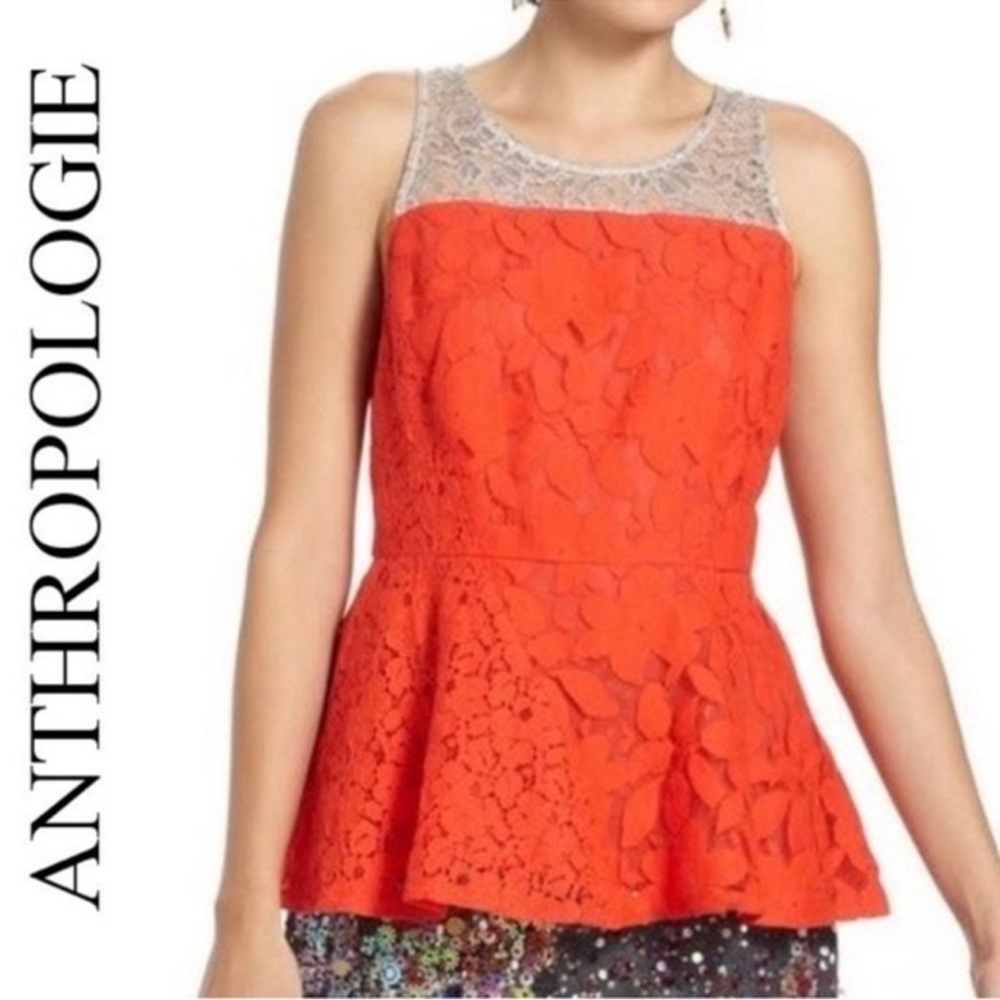 Anthropologie Orange Lace Peplum Blouse